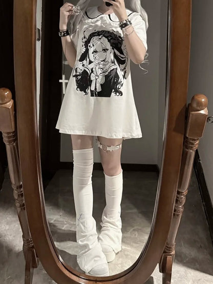 Pan Jirai Kei T-Shirt Weiß Anime Girl Print Peter Collar