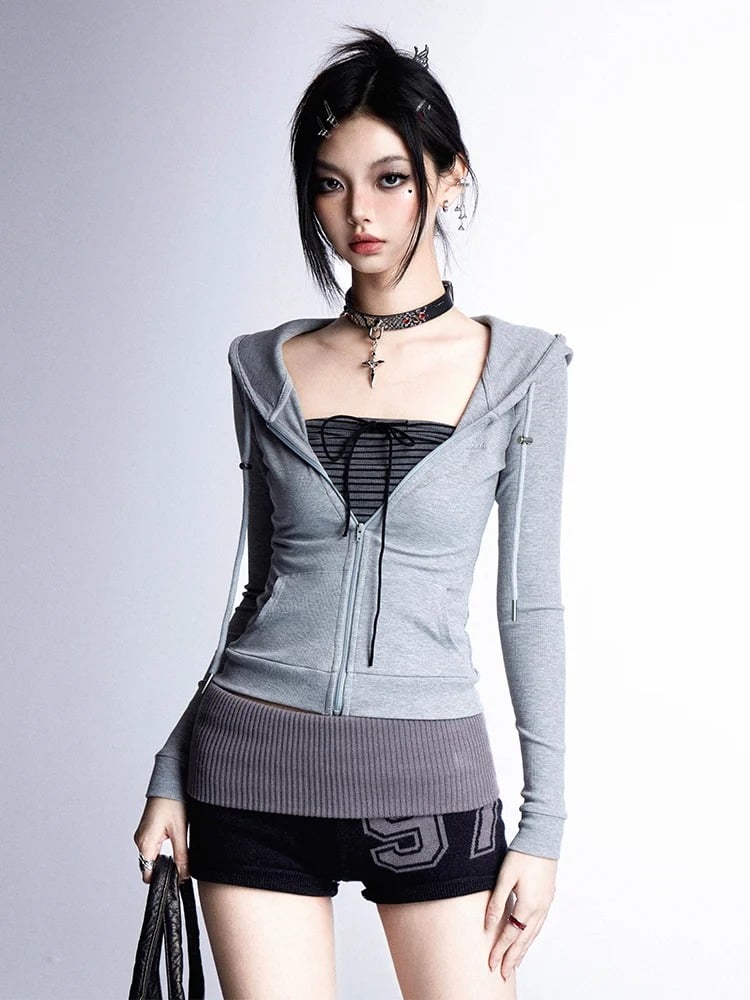 Top Slim-fitting Hooded Zip Closure Black/Gray/Red