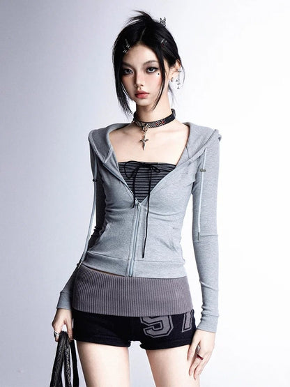 Top Slim-fitting Hooded Zip Closure Black/Gray/Red