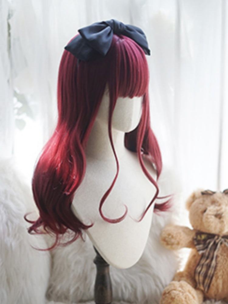 Wine Red Long Wavy Wig With Full Bangs