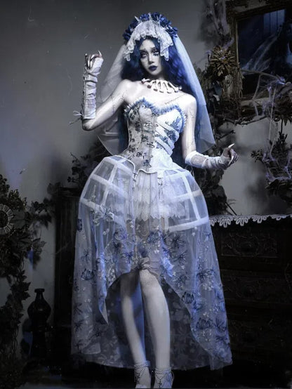 Half White Half Dusty Blue Corpse Bride Floral Corset Top