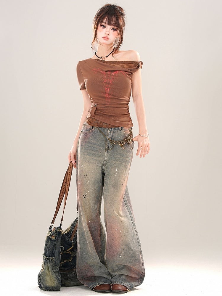 Wide-leg Wash Pink Splash Ink Details Cut Blue Jeans and Faded