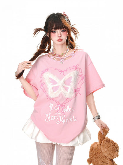 Butterfly Design Neckline Plush Butterfly Pink/Black Graphic T-shirt