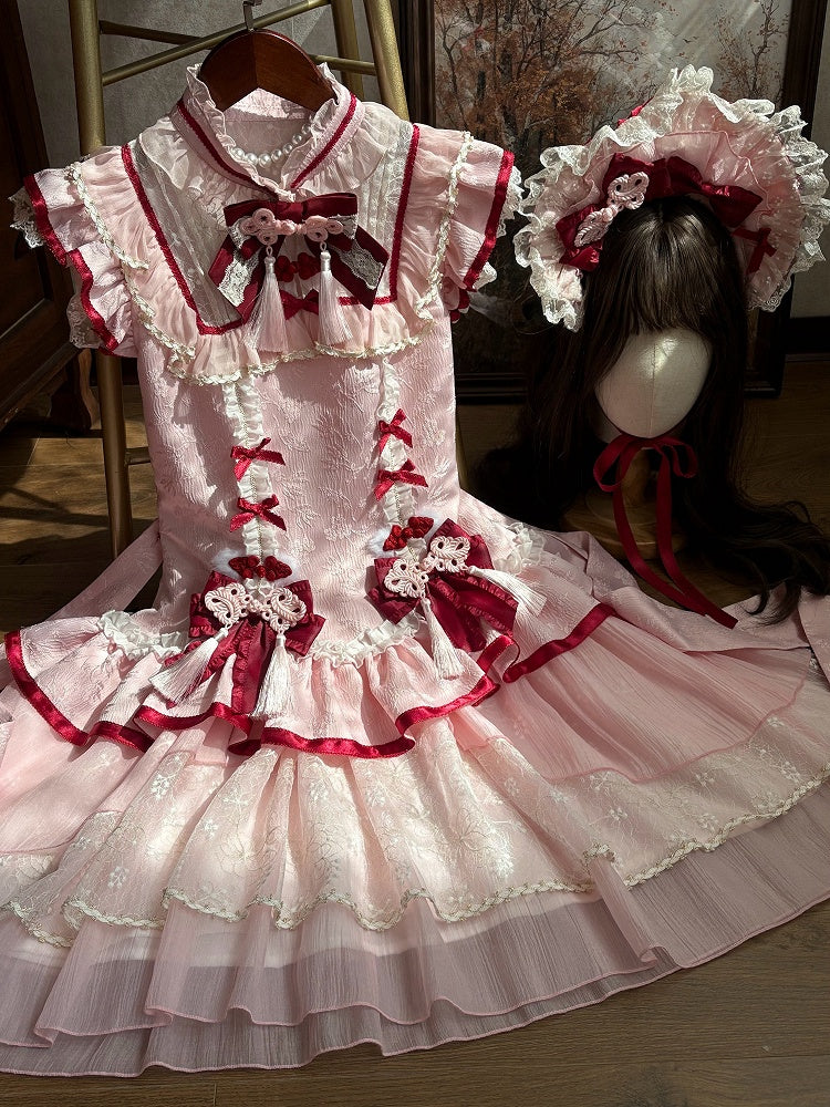 Qi Lolita Froschknopf Cheongsam Kragenkleid Details Stil Quaste Rosa