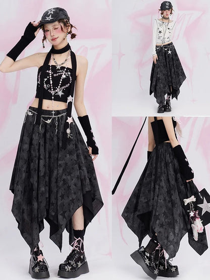 Black Y2K Stars Handkerchief Hem Skirt
