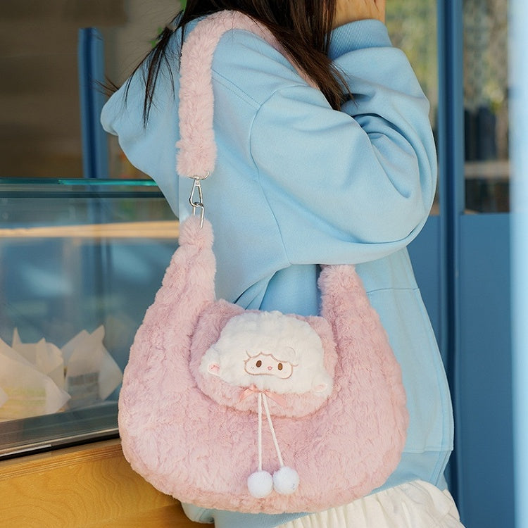 Sac bandoulière en peluche rose avec pompons et petit agneau mignon
