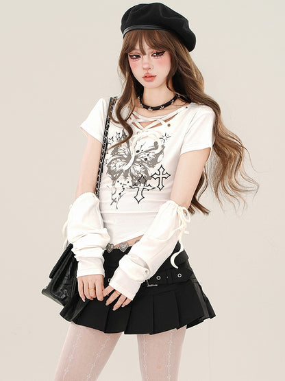 Black/White Butterfly Lace-up V-neck Top Asymmetrical Hem with Detachable Sleeves