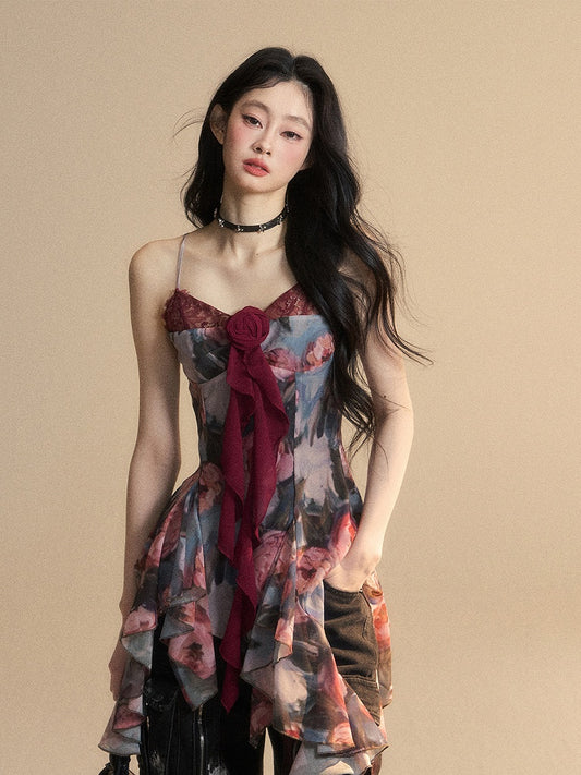 Painting Red Oil Cami Top Asymmetrical Flounce Embellished Hem Floral Glamorous