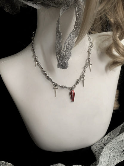 Red Coffin and Cross Pendant Gothic Silver Necklace