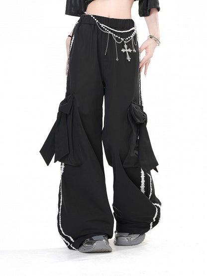 Black Wide-leg Pants with Big Bow Cargo Pockets