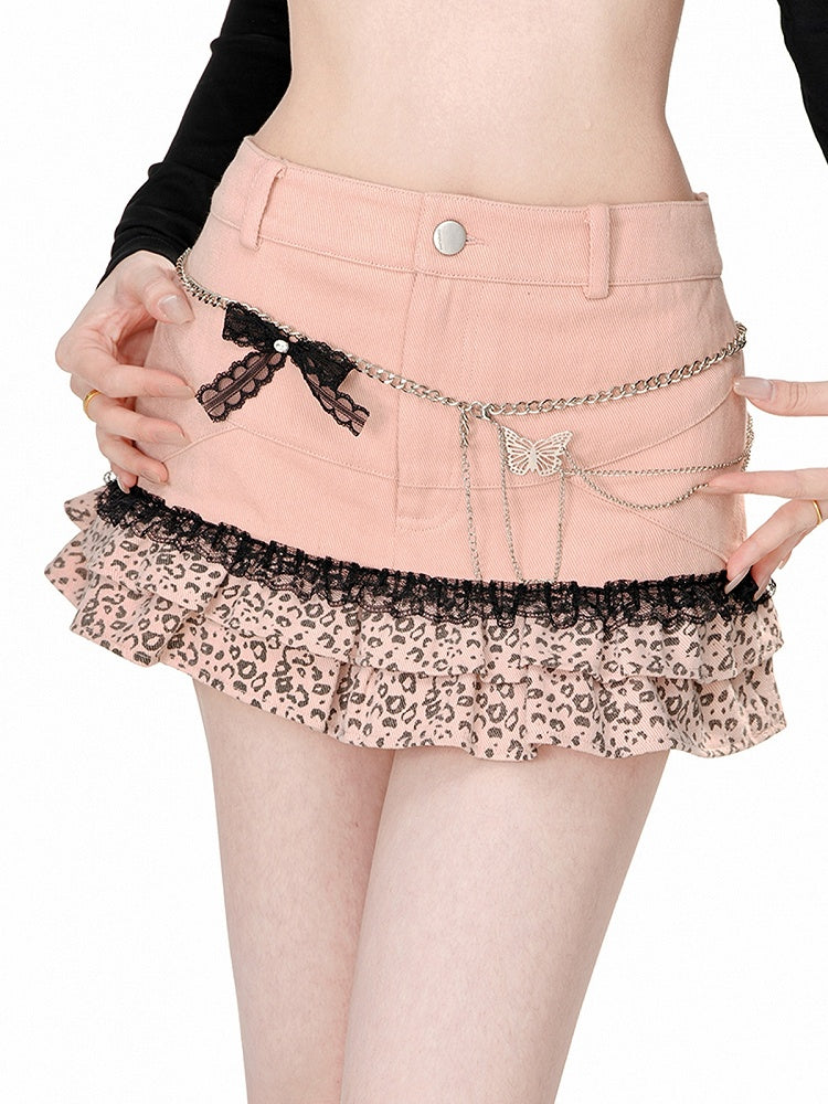 Detail Pink Skirt Bow Ruffled Leopard and with Print Hem Mini