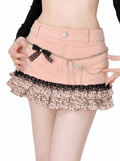 Detail Pink Skirt Bow Ruffled Leopard and with Print Hem Mini
