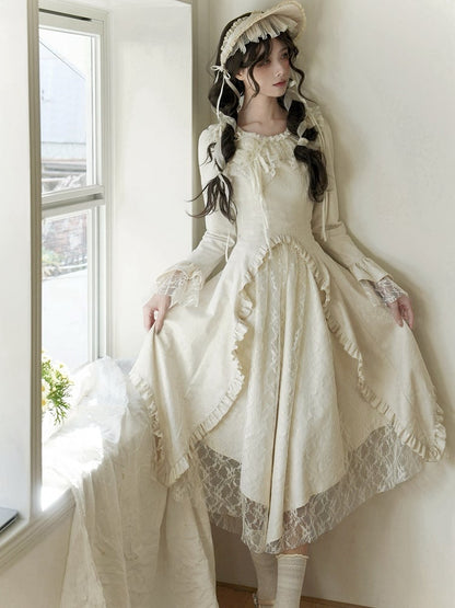 Beige Lace Patches Irregular Skirt Rose Fabric Lolita Dress