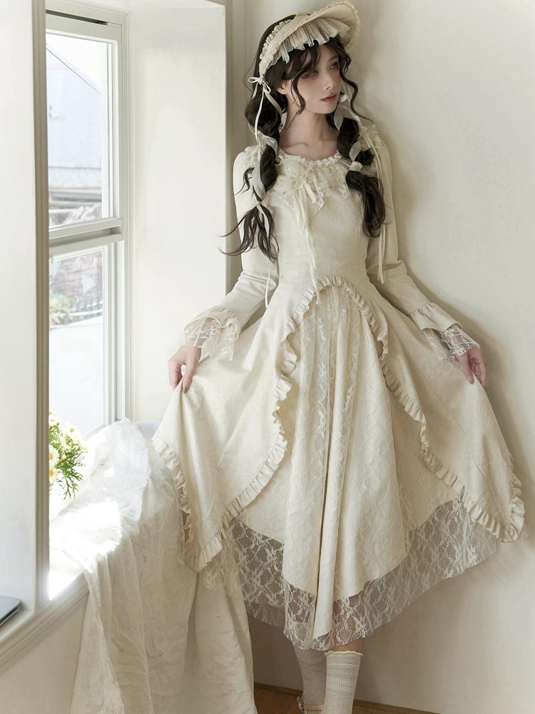 Beige Lace Patches Irregular Skirt Rose Embossed Fabric Lolita Dress