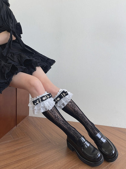 Underknee and Stockings with Edging Lace Hollow-out Decoration Rhinestone Black White
