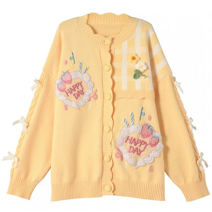 Kawaii Yellow Knitted Cardigan Floral Accents Creamy Yume Strawberry Cake Embroidered