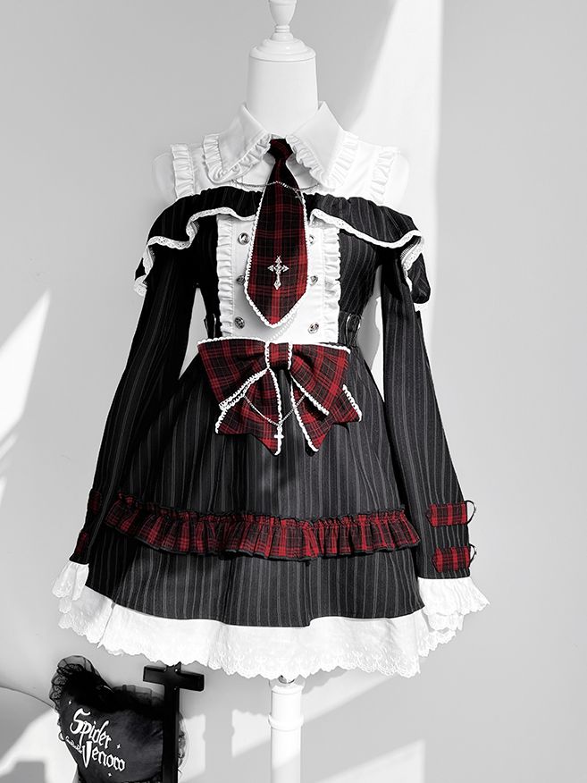 Dress Bell Plaid Tie Idol And Shoulder Cutout Lolita Black Bowknot Stripes Red With Sleeves