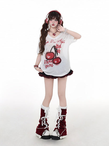 T-Shirt White Semi-Sheer V-Neck Cherry Print Sun Protection Bittersweet