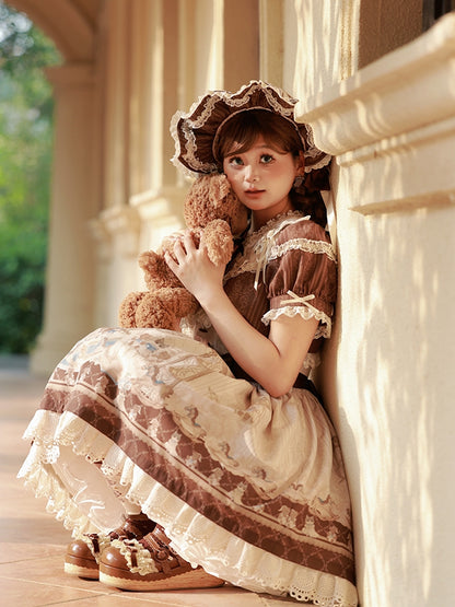 Braunes Lolita-Kleid mit Rüschen und Rundhalsausschnitt, Kitty- und Teddy-Print, Sweet Lolita OP