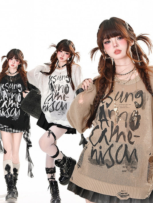 Top Distressed White/Brown/Black Letter Print Holes Summer Sun Protection Hollow-out