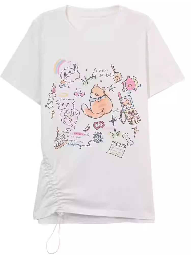 Version T-Shirt Beige Adorable Fox Print Long/Short