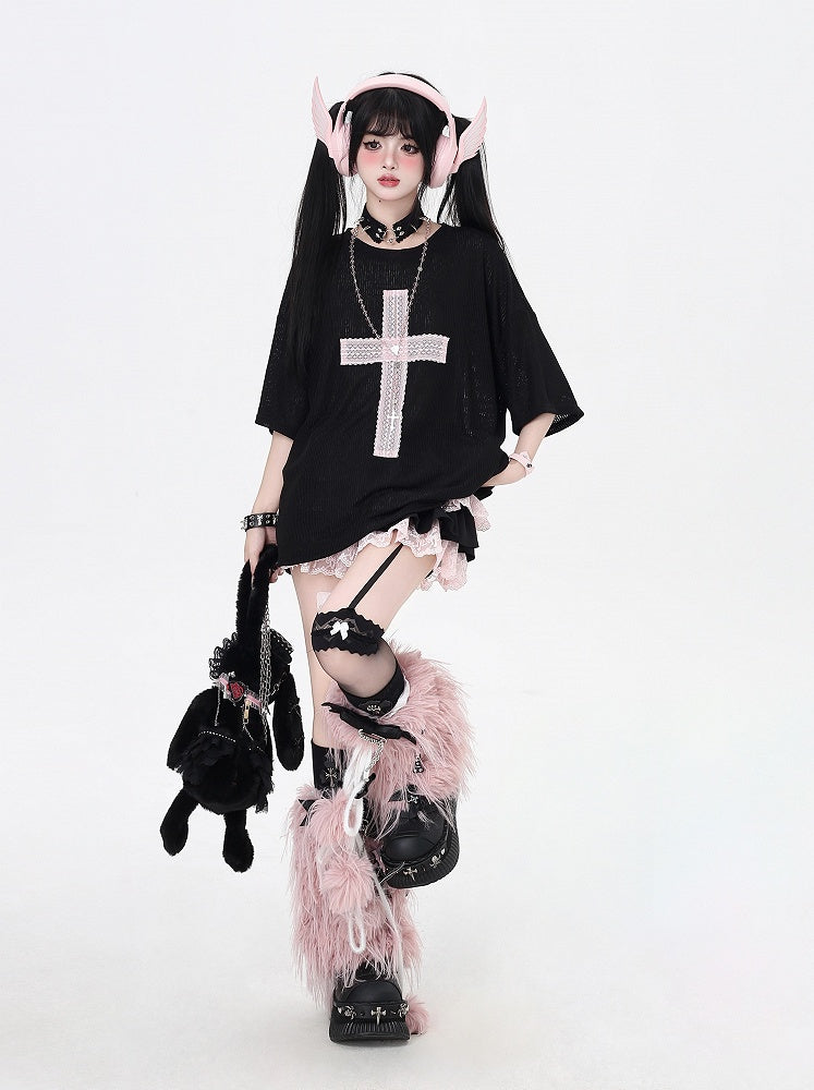 Light T-Shirt Cross Applique Loose Pink/Light Blue/Black