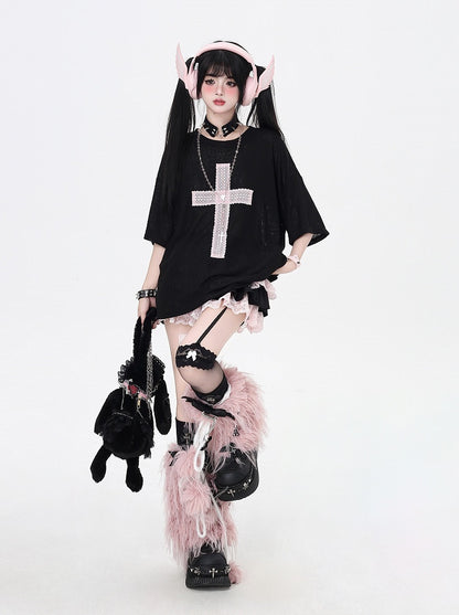 Light T-Shirt Cross Applique Loose Pink/Light Blue/Black