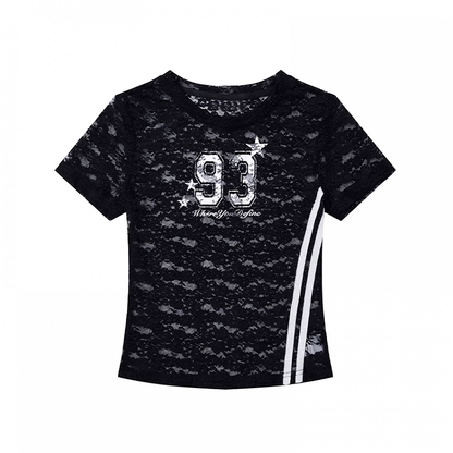 Spitzen T-Shirt Rundhals Zahlen Print Halbtransparent Schwarz/Weiß