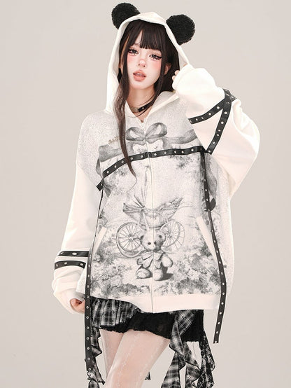 White Bear Ears Hood Strap Graphic Zip Hoodie