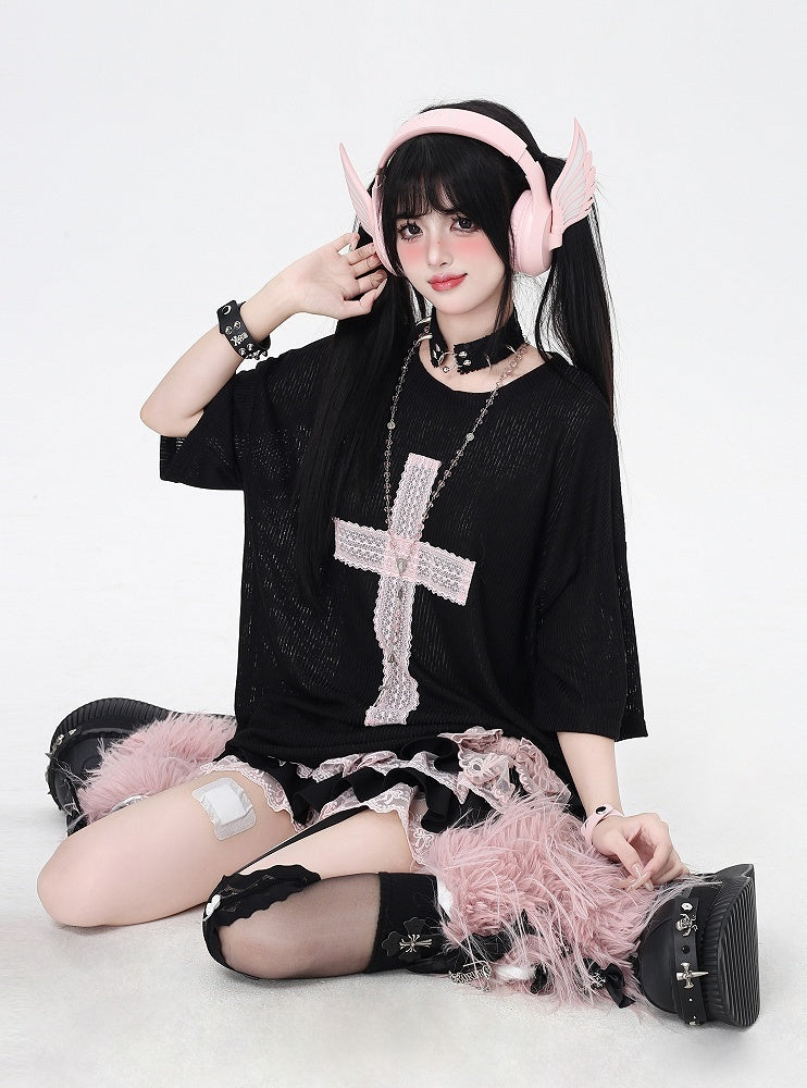 Light T-Shirt Cross Applique Loose Pink/Light Blue/Black