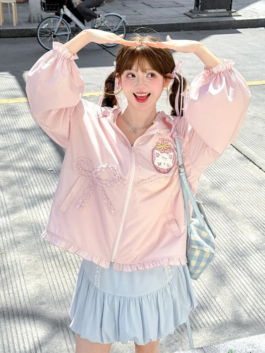 Spitze Yume Kawaii Rosa Erdbeere Applique Jacke Bowknot Sonnenschutz Mit Kapuze