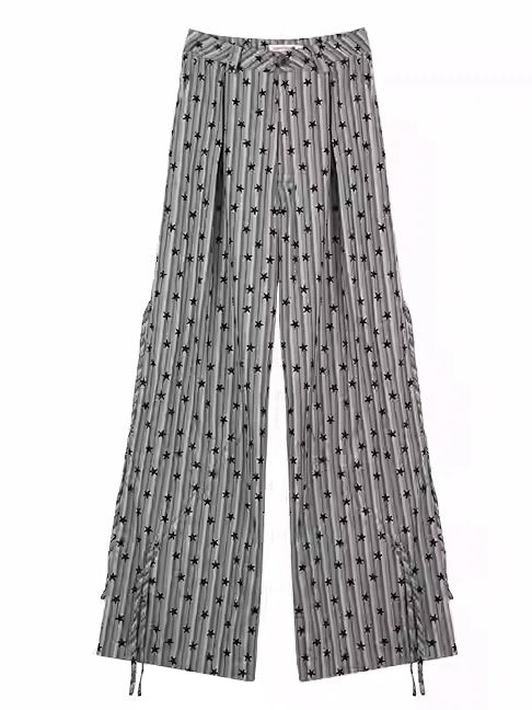 Grey Stars Striped Wide-leg Cut Pants Ruched Design Cuffs