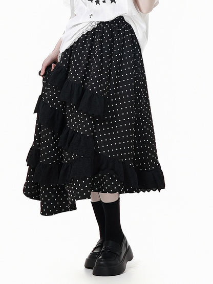 Black Elastic Waist Asymmetrical Lace Polka-Dot Skirt Trim