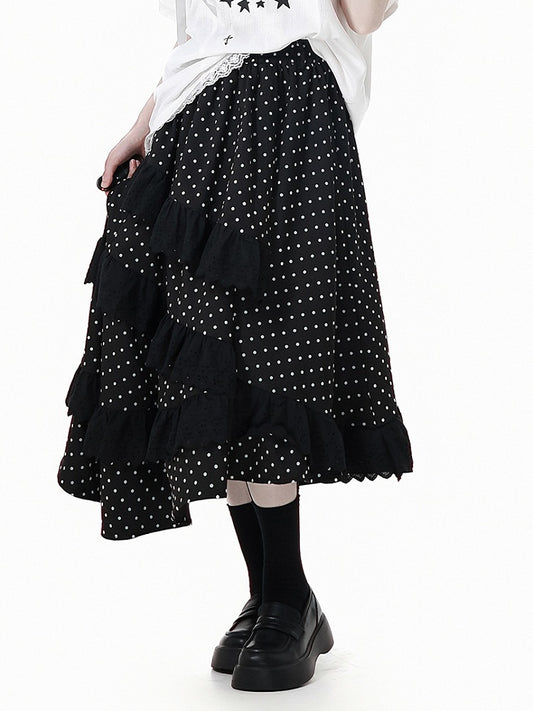 Black Elastic Waist Asymmetrical Lace Polka-Dot Skirt Trim