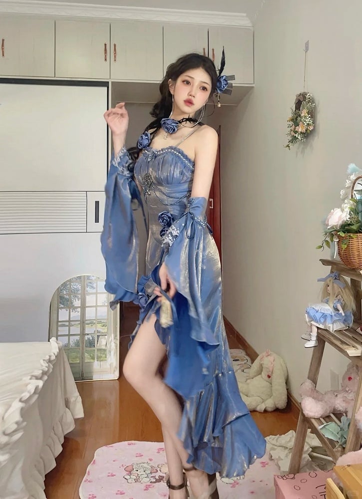 Blue Dress Rosette Evening Mermaid with Flounce Sleeves Detachable Gown
