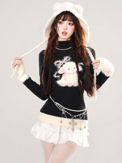 Black Cute Lamb Pattern Mock Neck Slim-fit Sweater