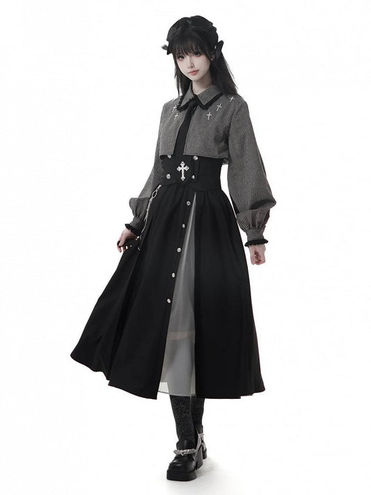 with Gothic Long | White Cross Skirt Elastic Chiffon Waist Black Chain Slit