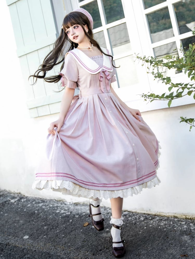 Sakura Pink Sailor Style Summer Dress Pleating Detail Cuffs