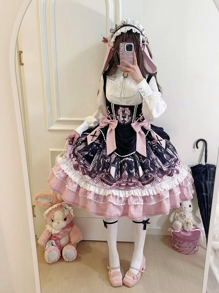 Robe Lolita noire et rose sous la poitrine avec motif lapin et cercueil