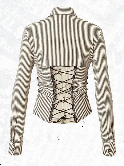 BrownWhite Buckle Lace-Up Pattern Striped Design Wasteland Decorated Shirt Punk