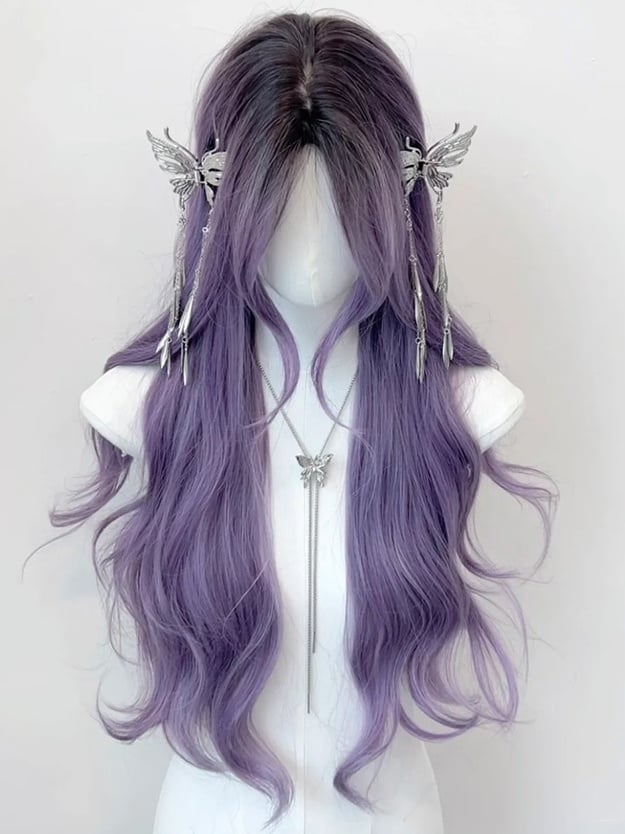 Purple Waist Length Wavy Synthetic Wig With Bangs