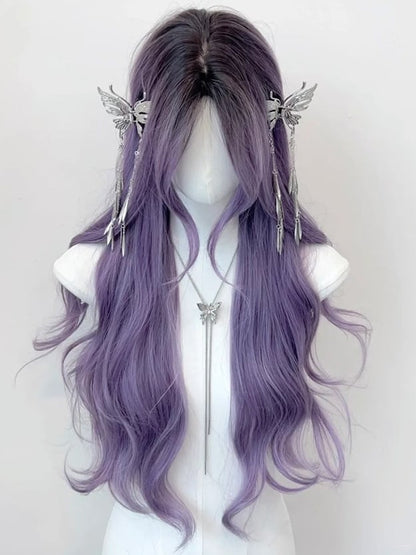 Purple Waist Length Wavy Synthetic Wig With Bangs