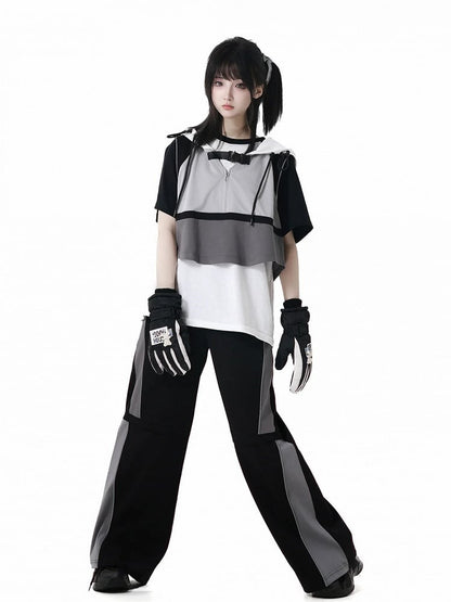 Weste Grau Colorblock Design Techwear Kapuze Cropped