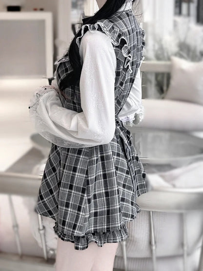 Sleeves Jirai Kei Black Illusion Neckline Flutter Plaid Set Lace Trim Mini Dress+Shorts White/Gray