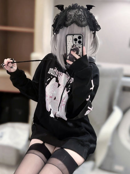 Black White Cross Pattern Graphic Hoodie