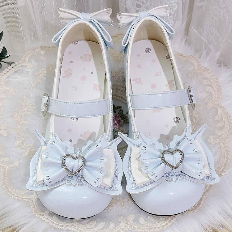 Sweet Lolita Light Blue Bowknot Heart Buckle Strap Block Heel Mary Janes