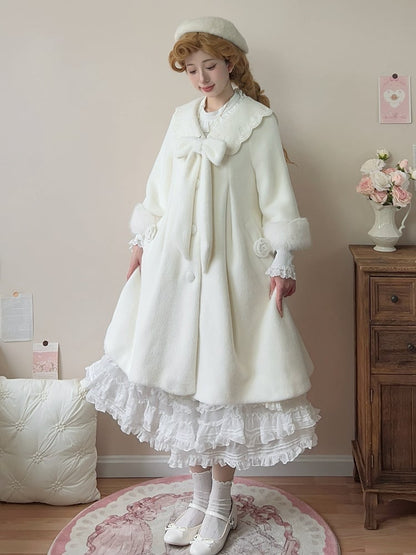 White Detachable Cozy Faux Fur Collar Winter Woolen Coat