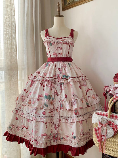 Kitty and Strawberry Print Spring and Summer Cottagecore Lolita Dress