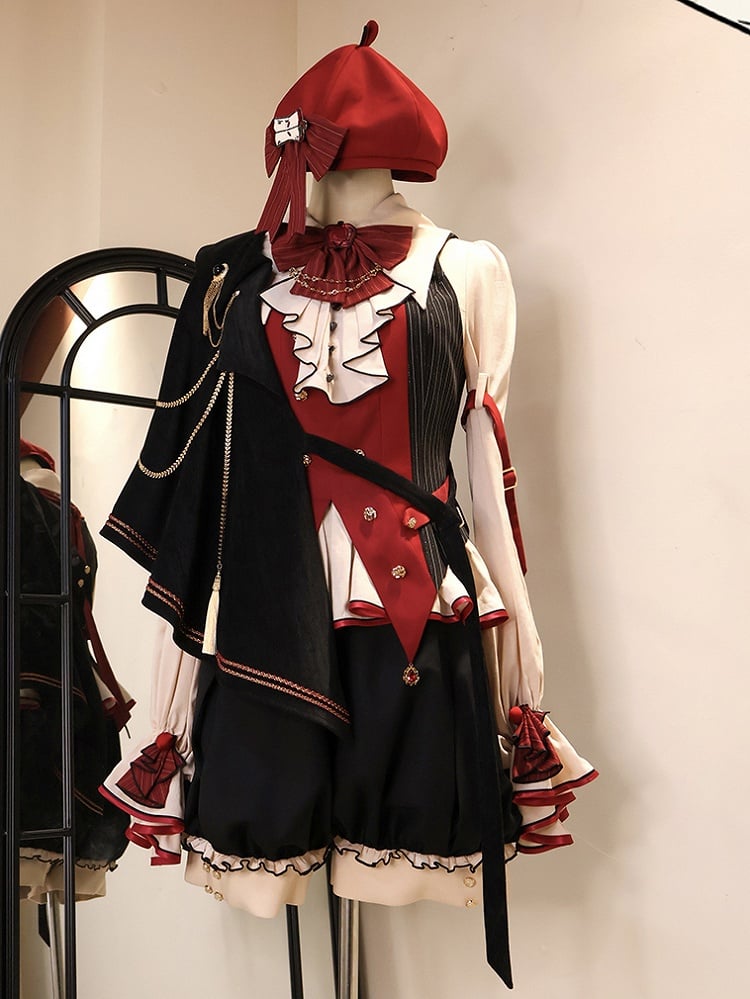 Schwarzes und rotes Ouji Fashion Preppy Style Komplettset - Beiges Hemd + Rote Weste + High Waist Knickerbocker Shorts + Schal + Accessoires