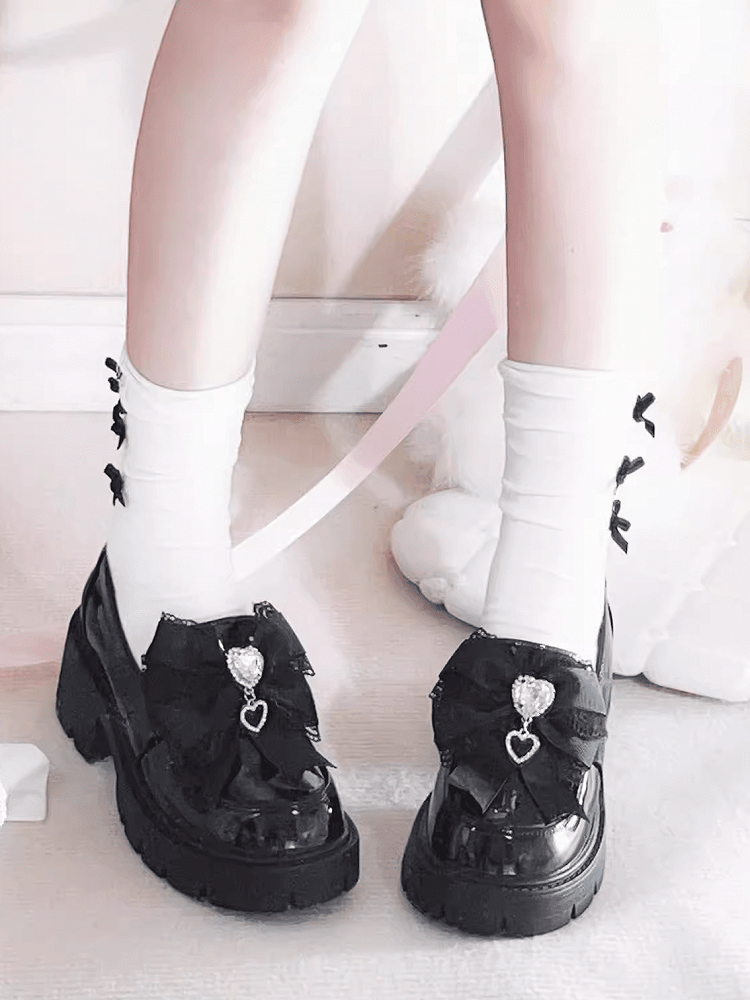 Polished 6cm Jirai with Black Loafers Rhinestone Sweetheart Bow Platform in Kei Heel